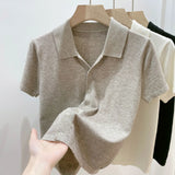 Zingj Beauty Solid Color Thin Polo Lapel Sweater Female Summer New Small Short-Sleeved T-Shirt