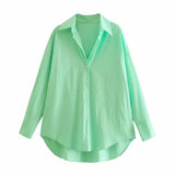 Women Green Casual Summer Long Sleeve Shirt 2021 New Loose Soft Button Shirts 100% Cotton Chic Office Lady