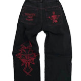 Explosive High Street Tide Brand Fully Embroidered Skull Casual Trousers Men's Loose Straight Casual