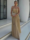 Hollow Out Lace Up Backless Women Long Dress Sexy Off Shoulder Sleeveless Maxi Dresses 2024 Summer Party Vacation