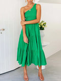 Summer Green Long Dress Women Elegant One Shoulder Dress Ladies Floral Print Maxi Party Pleated Dress For