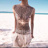 2024Ins Spring And Summer New Fashion Print Collar Sleeveless Slim Top T-Shirt Women's