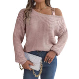 Shooting 2025 Autumn And Winter Casual Metal Buckle Splicing Shoulder Lantern Sleeve Sweater Women's