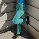 Casual Vintage Knitted Pants High Waist Plaid Long Trousers Women Checkered Argyle Knitwear Joggers