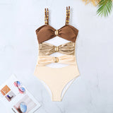 2025 New Sling With Breast-Plated Hollow Swimsuit Women's Half-Body Dress Two-Piece