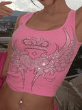 Rhinestone Winged Heart Ribbed Cropped Tank Top- Outfit