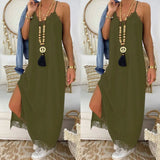 Fashion Casual Solid Lace Patch Work Midi Women's Dress Summer Sexy Spaghetti Straps Deep V Neck Split Dresses