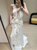 French Holiday Style V-Neck Hanging Neck Wood Ear Dress Chiffon Three-Dimensional Flowers Bare Back Sexy Evening Dress