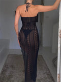 Lace Mesh See Through Long Dress Bikini Cover Ups Sexy Women Swimwear Strapless Off Shoulder Slim Split Vestido