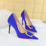 Zingj Fashion Banquet High Heels Fine Heel Shallow Pointed Satin Metal Water Diamond Buckle Single Shoe