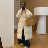 East Gate Korean Horn Buckle Long Down Jacket Female 2024 Winter Temperament Over The Knee And Thick White Duck Velvet Coat Tide-Outfit