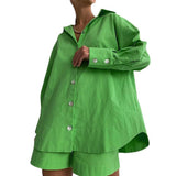 Women Linen Shorts 2 Piece Set Casual Oversize Shirts And Wide Leg Shorts Suits Loungewear Solid Summer Loose