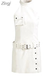 Spring Summer Sleeveless White Crocodile Print Faux Leather Halter Dress Women with Belt Retro Runway Fashion