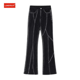 Sense Line High Waist Micro Bell-bottom Black Jeans Women Thin Tall Loose Wide Leg Mopping Pants Neutral Denim