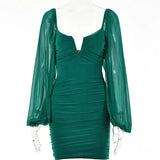 V-Neck Puff Sleeve Ruched Dress Women Party Double Layer Long Sleeve Sexy Mini Dresses Elegant Femme Clubwear
