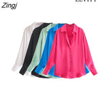 Women Fashion Loose Satin Shirts Vintage Long Sleeve Button-up Female Blouses Blusas Chic