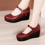 Spring And Autumn Middle Heel Slope Single Shoes Women's Muffin Thick Bottom Waterproof Platform One Word Buckle Shallow Mouth Flat Sole High Heel Mother's