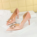 Zingj Banquet High Heels Fine Heel Shallow Mouth Tip Side Hollow Out And Thick Suede Water Diamond Button Bow Single