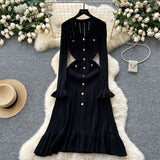 Zingj Fragrant Wind Dress Women's Autumn And Winter Versatile Advanced Sense V-Collar Metal Buckle Slim Show Thin Flounce Knit