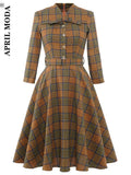 Hepburn Women Winter Dresses Cotton 50s Robe Femme French Retro British Plaid Sundress Button Shirt Swing Dress With
