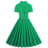 Green Solid Cotton Tunic Midi Pleated Dress Button Up Vintage Women Short Sleeve Belted Pinup Rockabilly Swing