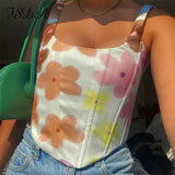 Women Off Shoulder Tube Corset Crop Top O Neck Backless Floral Print Sexy Summer Casual Sleeveless Tank Tops