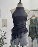 Trend Irregular Hanging Neck Dyeing Net Yarn Vest Lotus Side Ribbon Short Sleeveless Top