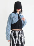 Zingj Vintage Denim Jacket Autumn 2024 New Fashion Lapel Splicing Single Breasted Long Sleeved Short Jacket