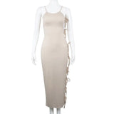 Loose Summer Side Hollow Out Bandage Long Dress Streetwear Beige Sexy Lace-up Sapghetti Strap Party Nightclub