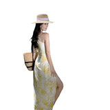 Zingj Seaside Travel Vacation Beach Skirt Female Summer Broken Flower Dew Waist Inclined Shoulder Dress Open Slit Slim Wrap Buttock Long