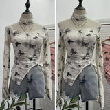 Pink Butterfly Hanging Neck To Make Old Hole Long-Sleeved T-Shirt Hottie Slanted Shoulder Slim Short Blouse