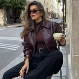 Women's Dress 2025 New Retro Simple Collar Zipper Leather
