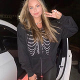 Rhinestone Skeleton Hoodies Women Gothic Black Zip Up Oversized Sweatshirts Female Retro Harajuku Hooded Jacket
