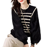 Two French Knitted Women's New Long-Sleeved Retro Fashion Stripe Sweater Tops In Autumn/Winter