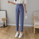 2021 Black Suit Pants Women High Waist Pants Sashes Pockets Office Lady Casual Zipper Straight Ankle-length