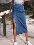Fashion New Single Breasted Knee Length Denim Skirt Women Streetwear Casual Pocket High Waist Straight Jeans