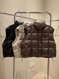European Goods Trend Down Vest Female 2024 Winter New Fashion Splicing Loose Stand Collar Show Thin Warm Outside Wear Vest-Outfit