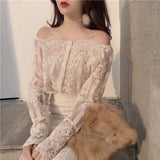 Fashion Women Lace Shirts Slash Neck Off Shoulder Long Sleeve Slim Lace Blouse Sexy Summer Top Femme Blusa