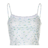 Floral Printed Kintted Spaghetti Strap Top Women White Cute Casual Sleeveless Camis Tops Tees Patchwork Lace Crop