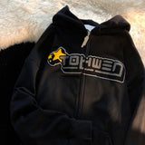 Embroidery Hoodies Women's Oversized Street Loose Flocking Sweatshirts Vintage Hoodie Casual Cardigan Sweatshirt