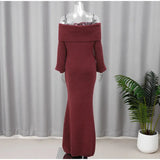 Burgundy Off Shoulder Fold Knit Midi Dress- Outfit