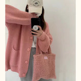 Zingj Wind Pure Color V Collar Autumn Winter Korean Version Loose Single Breasted Large Pocket Sweater Coat Add Thick Knit Cardigan Female-Outfit