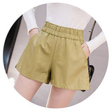 Elastic High Waist Wide Leg Biker Shorts Autumn PU Leather Shorts Women Plus Size Femme Casual Ladies Shorts