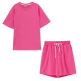 Summer Tracksuits Womens Two Peices Set Leisure Outfits Cotton Oversized T-shirts High Waist Shorts Candy Color