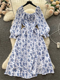 Summer Chiffon Split Midi Dress Women Square Collar Puff Sleeve Elastic Waist Gentle Korean Flora Print Sexy