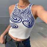 Casual Paisley Print White Tank Top Women Sleeveless Ribbed Basic Crop Top Tees Female Fitness Vest Summer