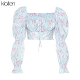 Spring Summer Fashion Elegant French Romantic Floral Puff Sleeve Square Collar Women Blouses New White Chiffon