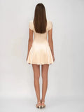 Short Sleeve Satin Hollow Out Mini Dress- Outfit