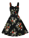 Straps Sexy 1950's Summer Flare Dress Sweethear Neck Floral Printed Beach A Line Pinup Housewife Rockabilly
