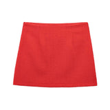 Red Solid Collar Short Sleeve Buttoned Top And Mini Skirt Set-Outfit